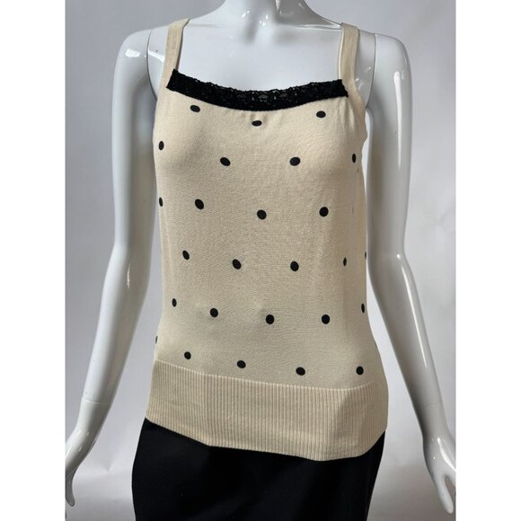 Neiman Marcus Exclusive Beige Polka Dot Knit Tank Top W/ Black Lace Trim Small - Picture 1 of 14